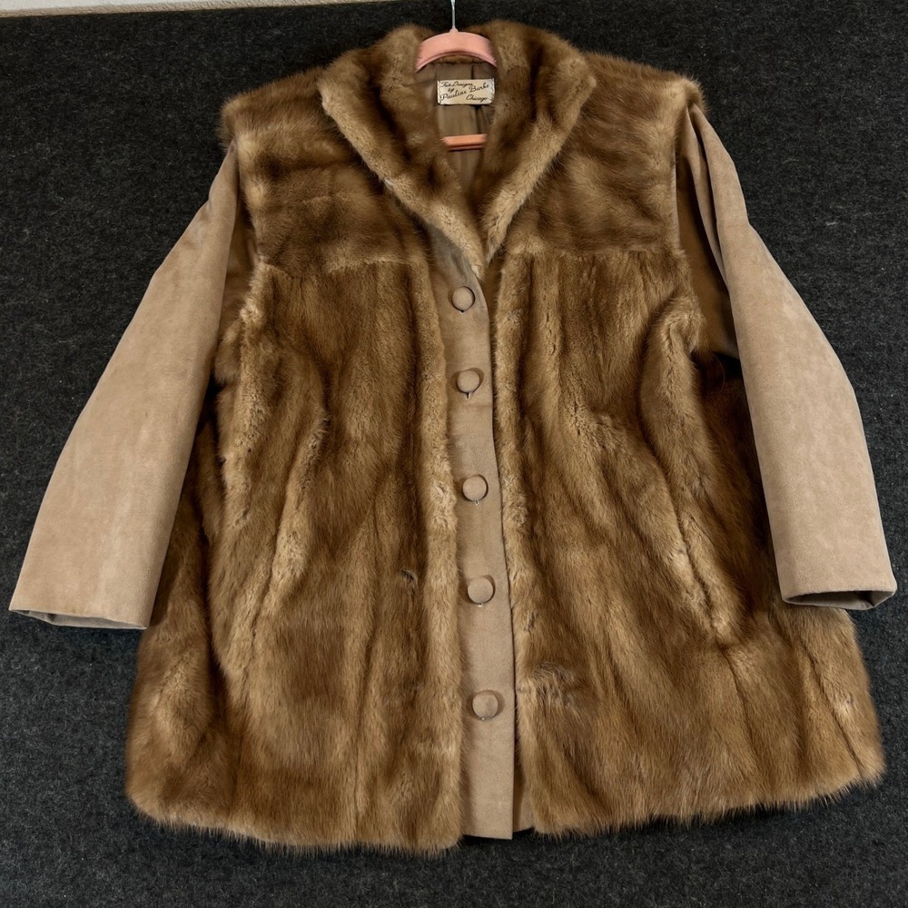 Vintage 1960s Pauline Burke Chicago Mink Fur Coat Brown Suede Trim Mid-Length